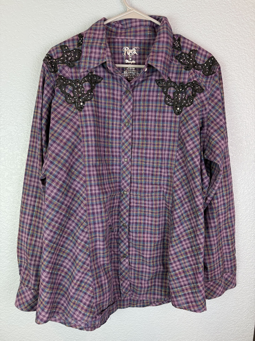 Rock 47 by Wrangler Shirt Womens 2XL Purple Plaid Western Embellished Pearl Snap